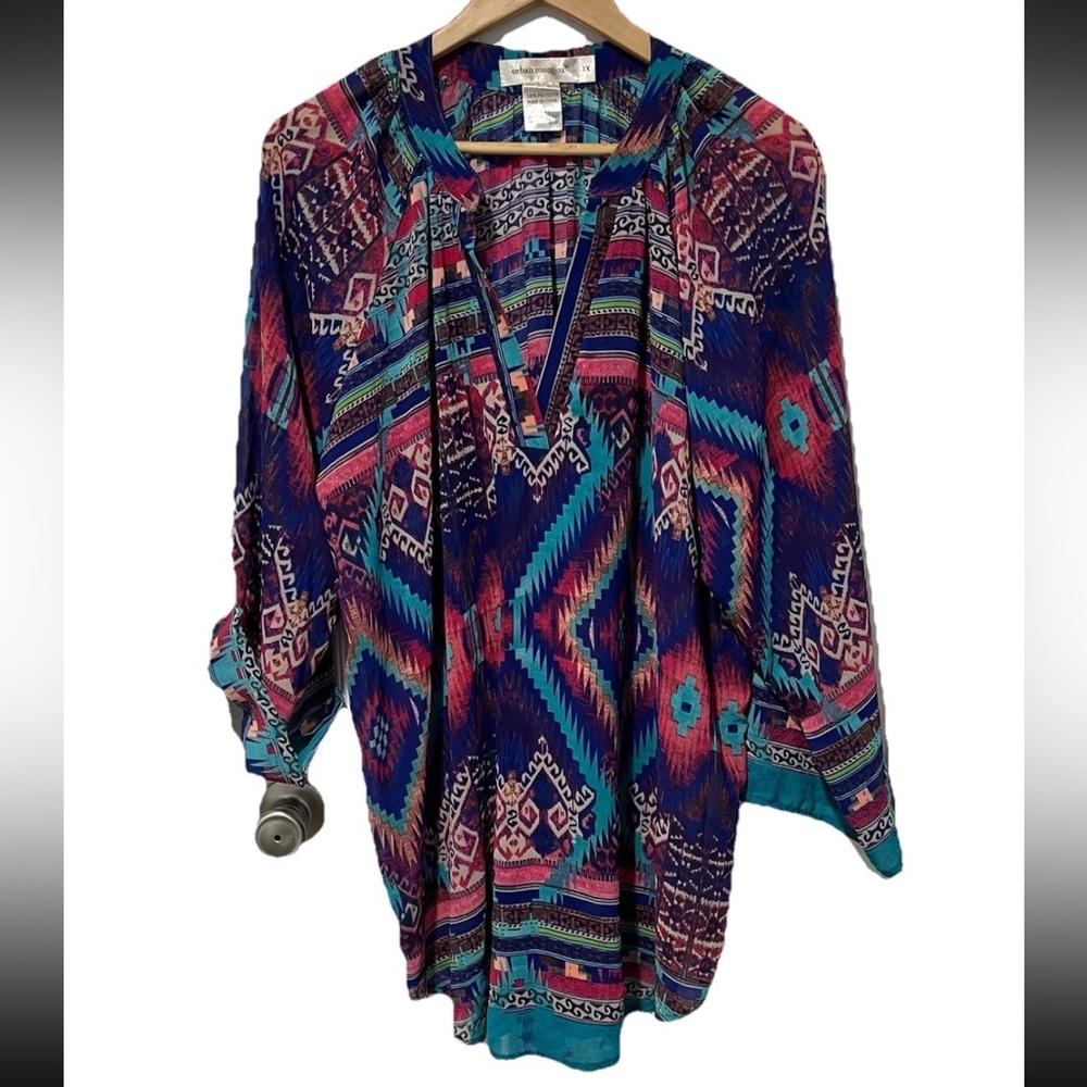 Urban Mangoz V Neck Sheer Tunic Roll Tab Sleeve Boho Festival Womens 1X Aztec